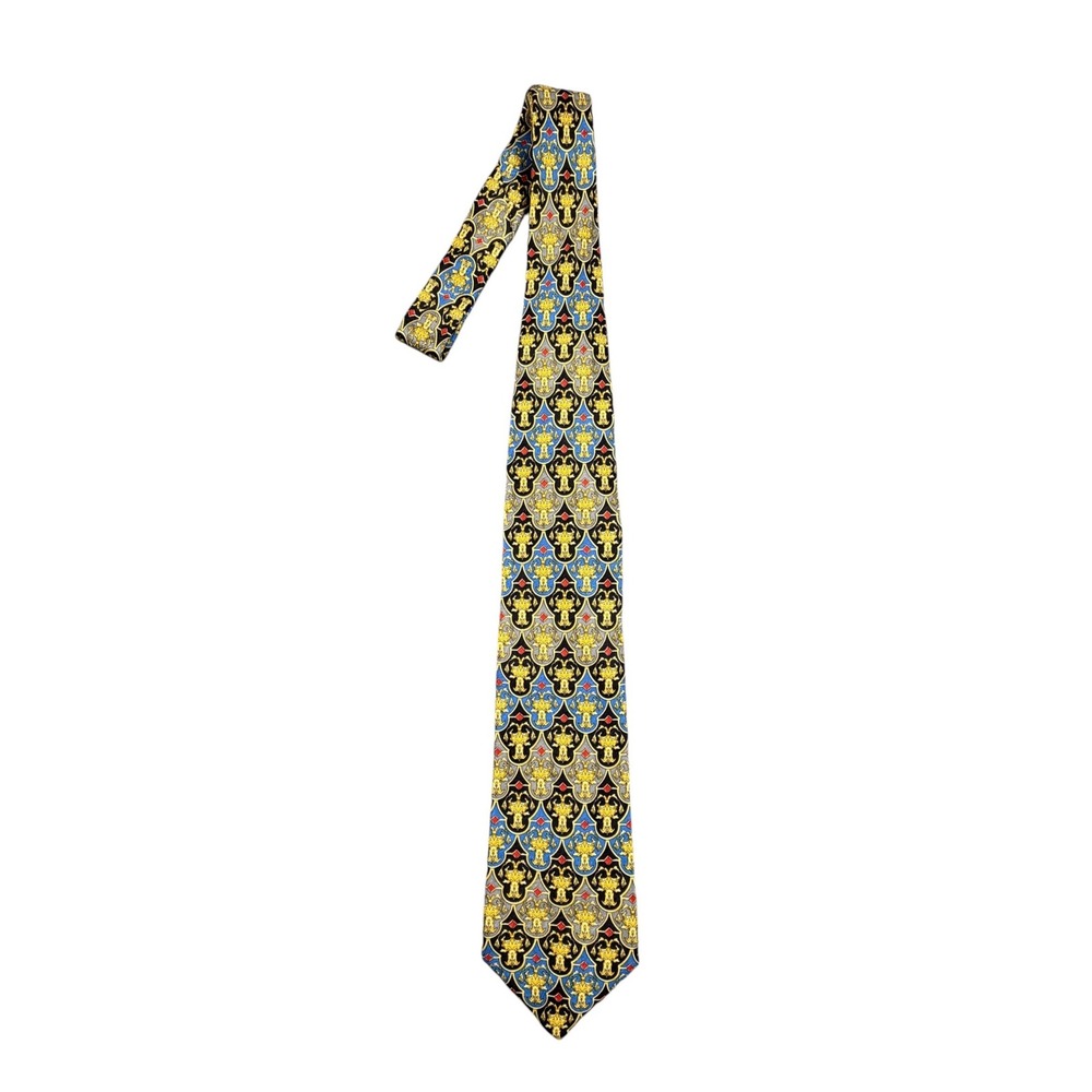 Gianni Versace Mens Necktie Silk Baroque Medusa Pattern Blue Gold Black 56"